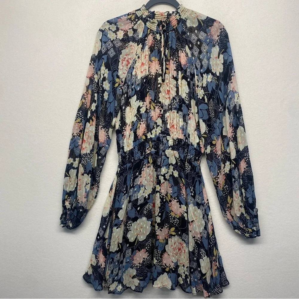 byTimo Mini Dress Smocked Floral Balloon Sleeve Mock‎ Neck Sheer M